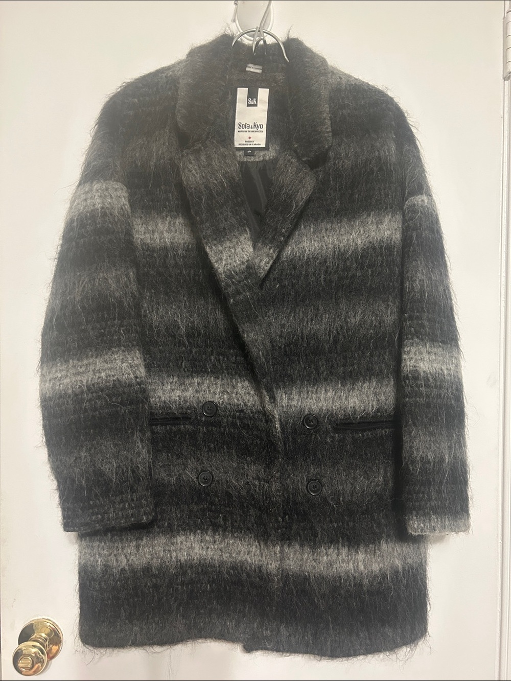 Soia & Kyo Black and Gray Long Brushed Textures Double-Breasted Coat